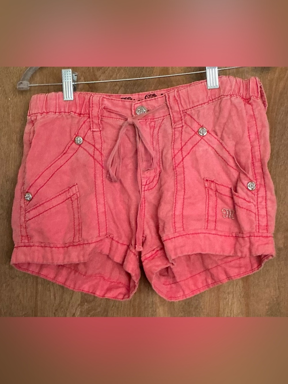 VTG Miss Me Pink Coral Cargo Shorts Contrast Stitch Rhinestone McBling Gyaru S